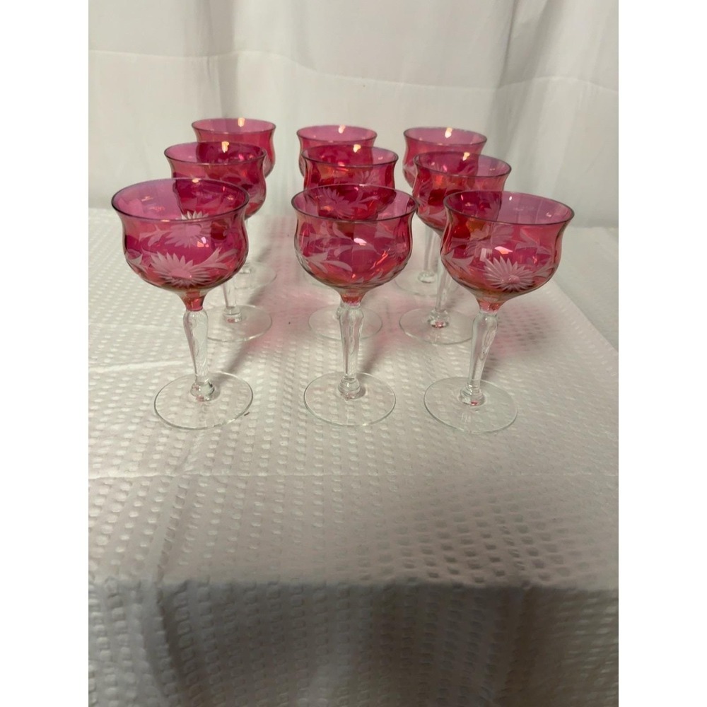 Set 9 Vintage Bohemian Cranberry Crystal Wheel Cut Floral Wine Port Glasses